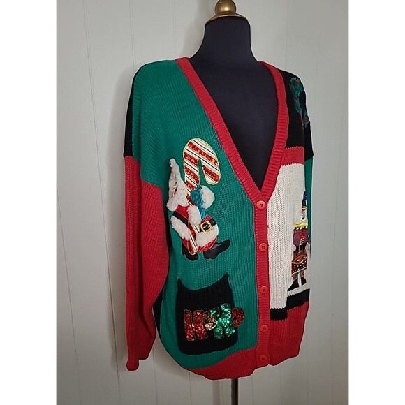 VTG Work In Progress Cardigan Sweater Knit Women Sz 2X Holiday Mistletoe Santa - Picture 4 of 12